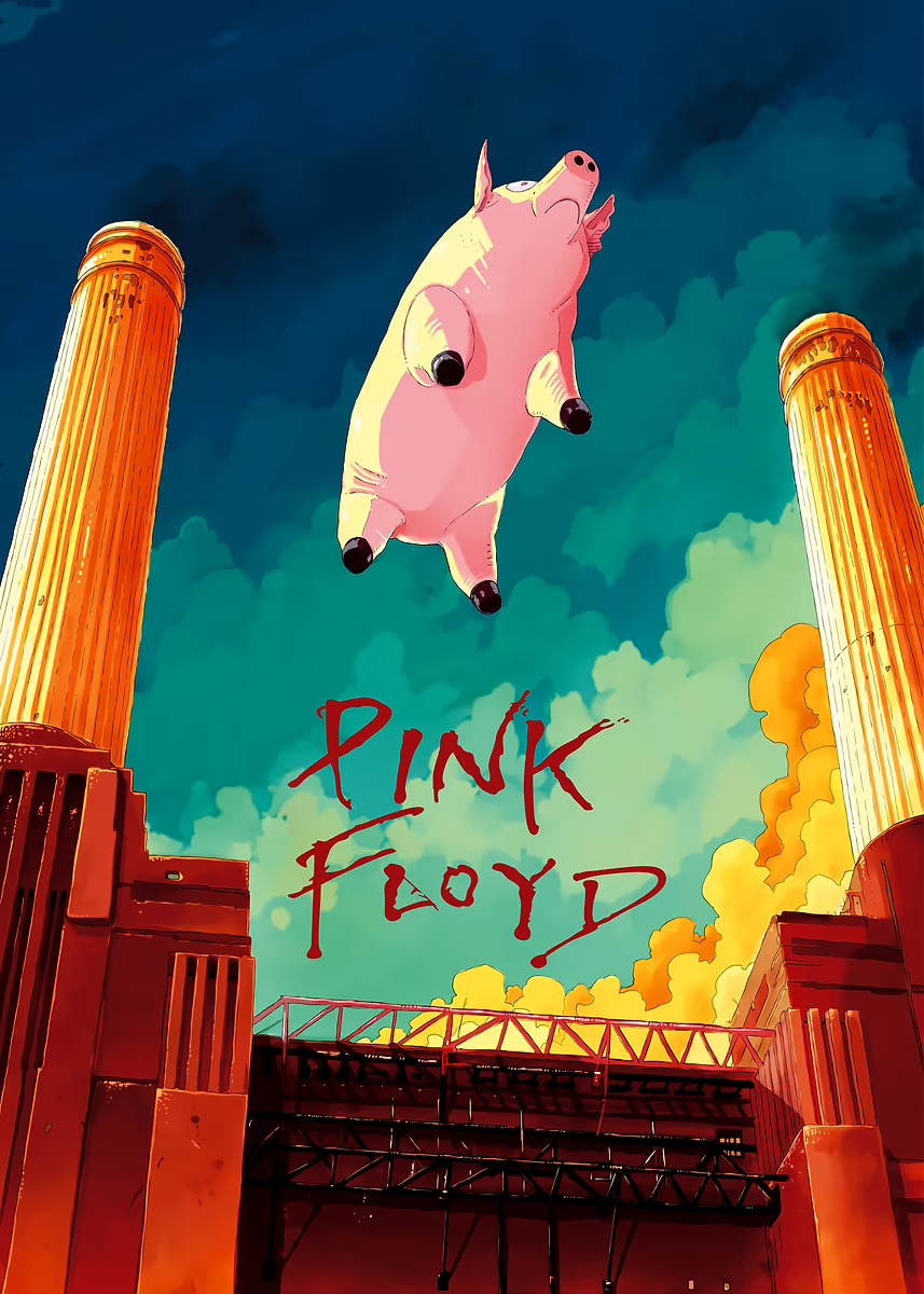 Pink Floyd Poster - Animals Flying Pig Comic Style Art Print Pink Floyd Poster - Animals Flying Pig Comic Style Art Print