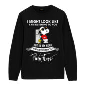 Snoopy Woodstock Listening To Pink Floyd Front Longsleeve Black - OtherBrick