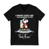Snoopy Woodstock Listening To Pink Floyd Front Vneck Black - OtherBrick