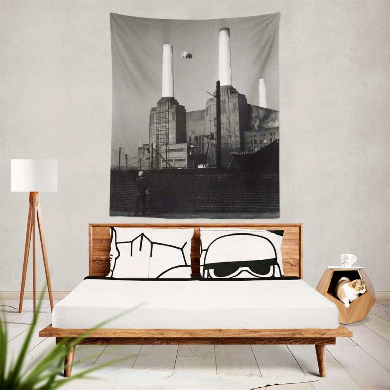Pink Pig Over Battersea Black & White Pink Floyd Tapestry