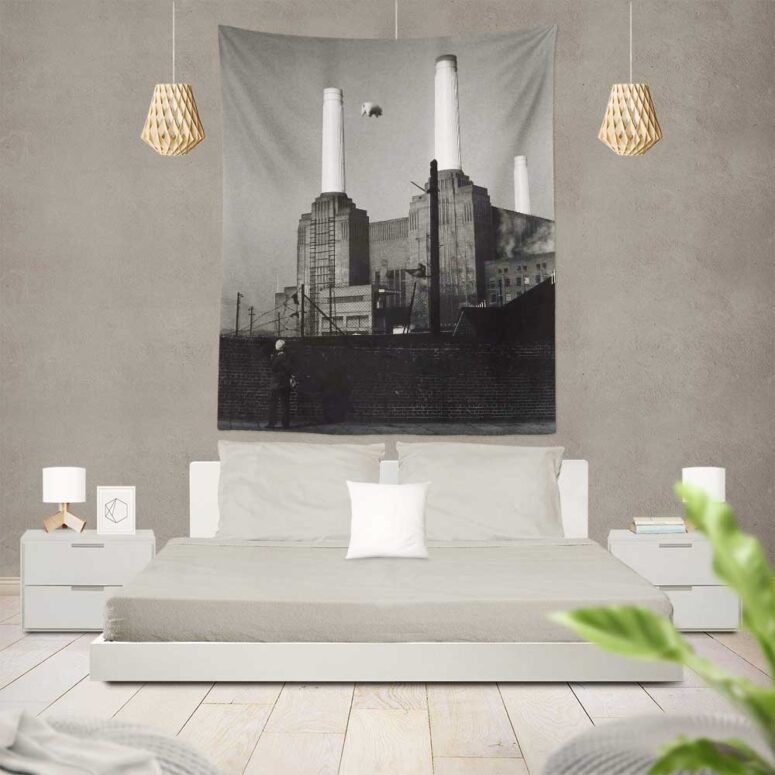 Pink Pig Over Battersea Black & White Pink Floyd Tapestry