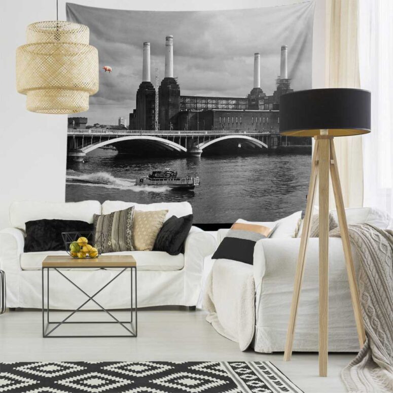 Algie Pig Flying at Battersea Power Station Black & White Pink Floyd Tapestry