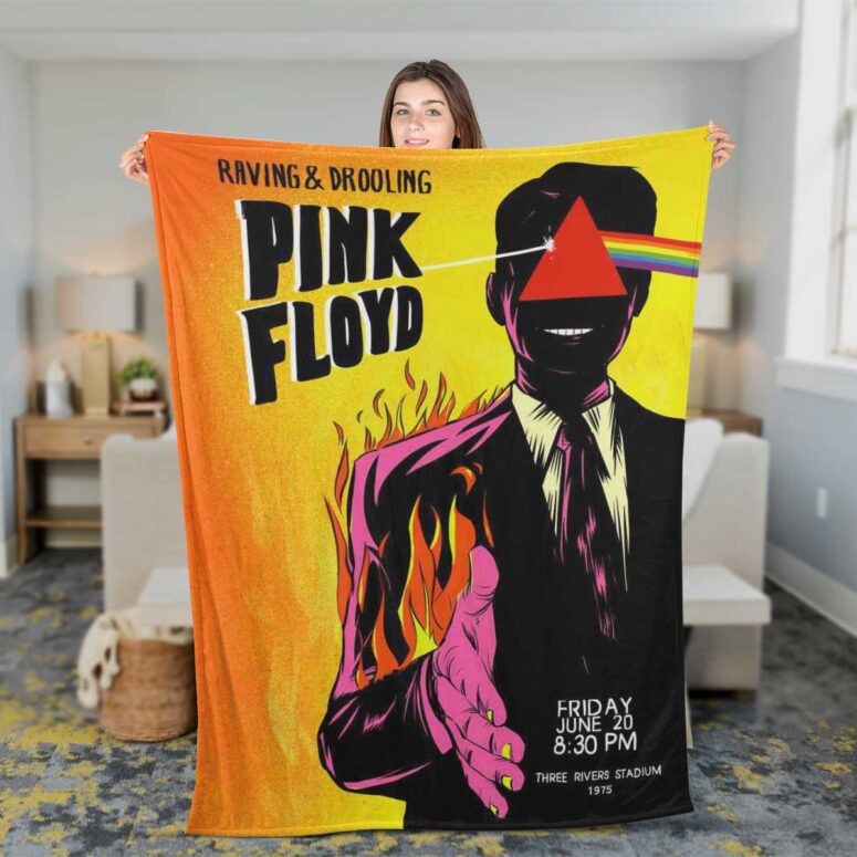 Pink Floyd Fleece Blanket - Raving and drooling Poster 1975 Premium Pink Floyd Fleece Blanket - Raving and drooling Poster 1975 Premium