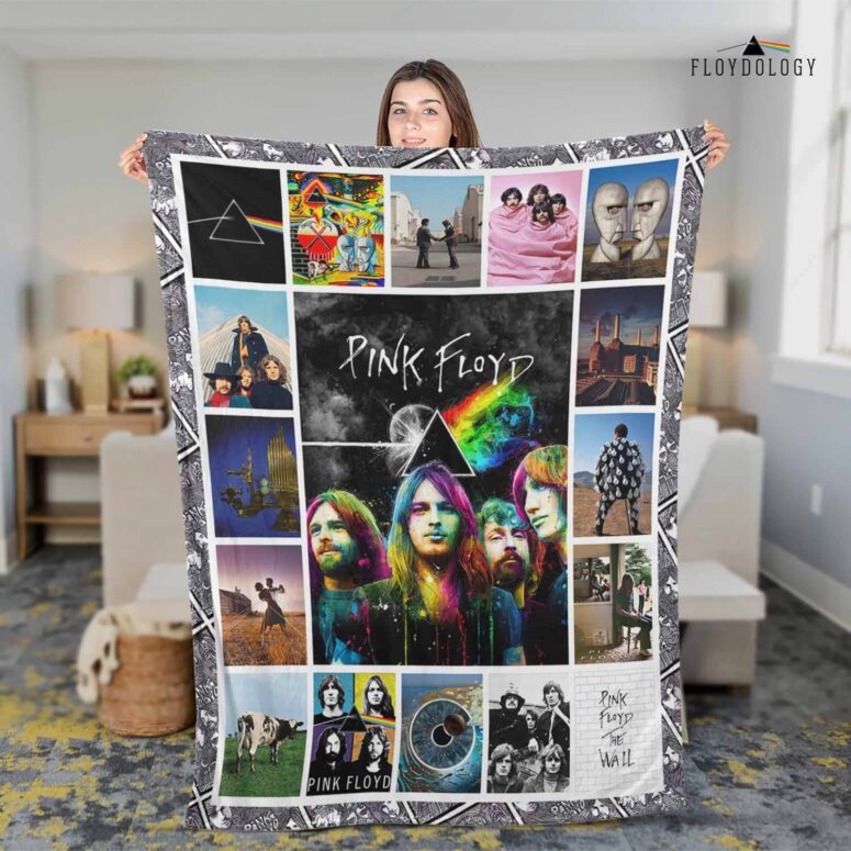 Pink Floyd Fleece Blanket - DSOTM Animals Atom Heart Mother Album Collage Vintage Pink Floyd Fleece Blanket - DSOTM Animals Atom Heart Mother Album Collage Vintage