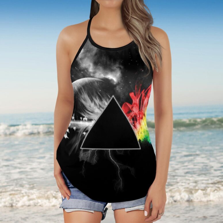 Dark Side Of the Moon in Space Digital Art Pink Floyd Criss Cross Tank Top