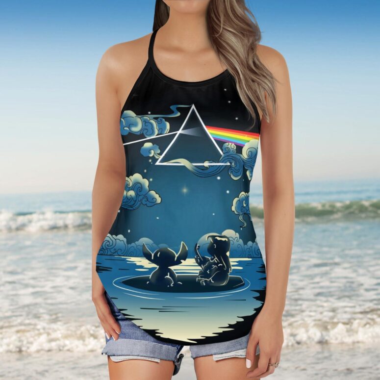 Lilo And Stitch Starry Sky Dark Side Of The Moon Pink Floyd Criss Cross Tank Top