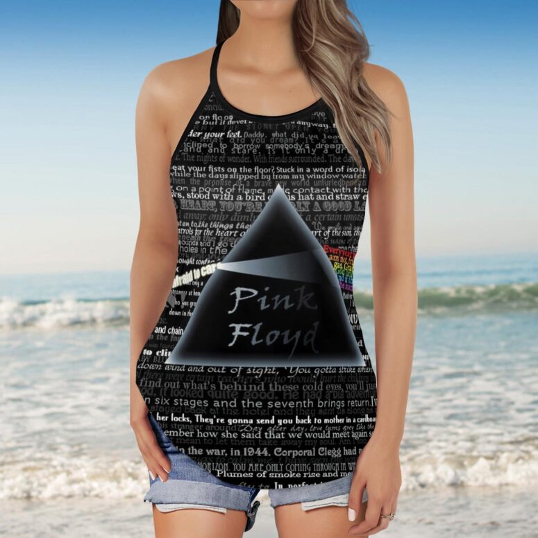 Pink Floyd Lyric Collage Prism Vintage Criss Cross Tank Top