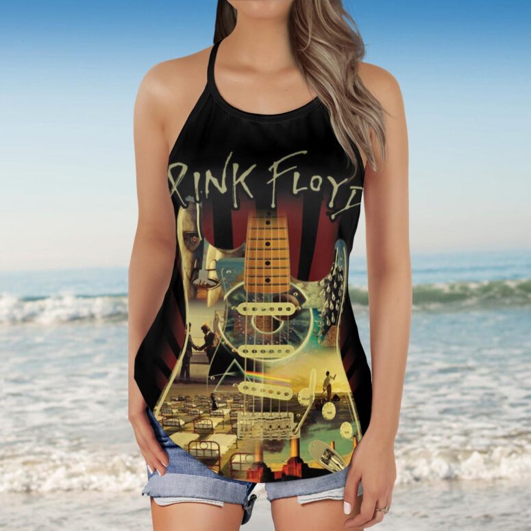 Pink Floyd and Guitar Art Criss Cross Tank Top Pink Floyd and Guitar Art Criss Cross Tank Top