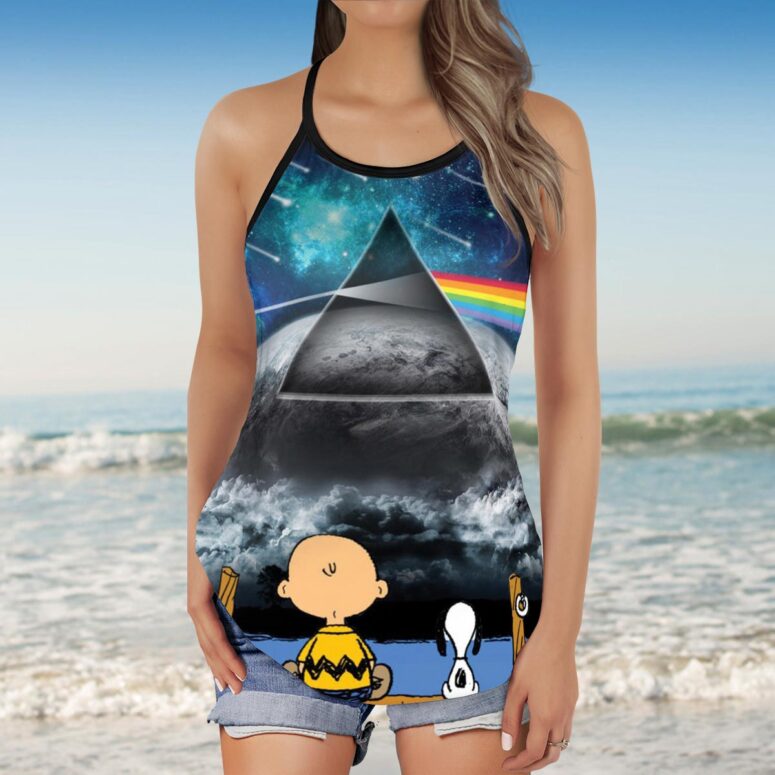 Snoopy And Charlie Brown Looking Dark Side Of The Moon Pink Floyd Criss Cross Tank Top