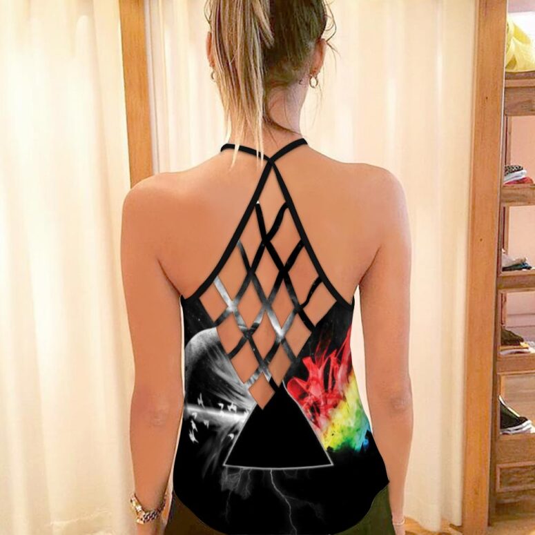 Dark Side Of the Moon in Space Digital Art Pink Floyd Criss Cross Tank Top