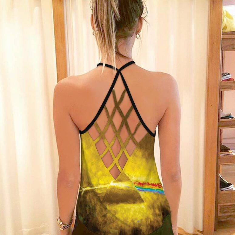 Golden Dark Side Of The Moon Pink Floyd Criss Cross Tank Top
