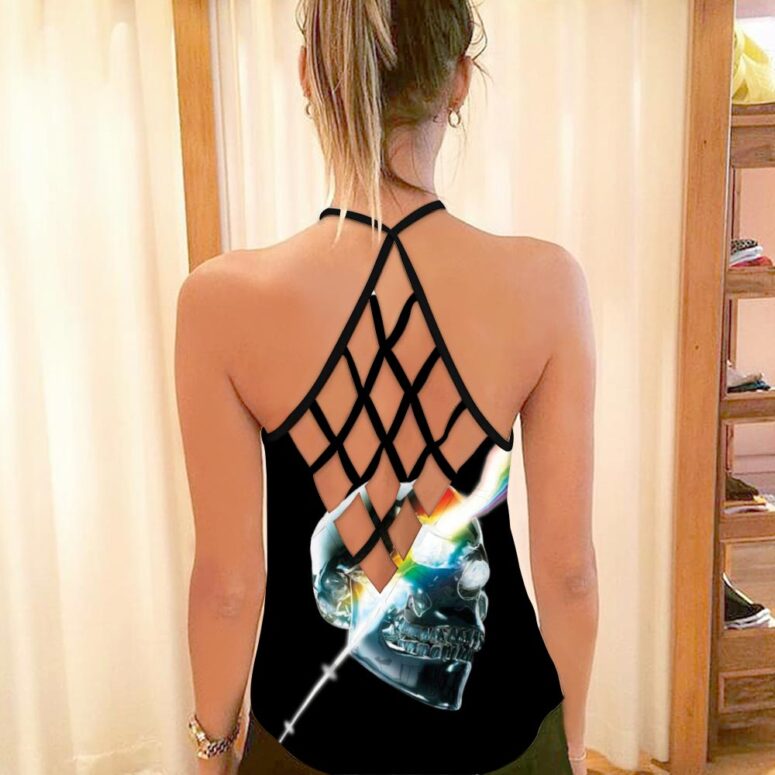 Skull DSOTM Art Pink Floyd Criss Cross Tank Top Skull DSOTM Art Pink Floyd Criss Cross Tank Top