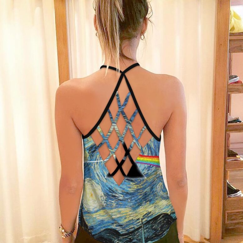 Starry Night Dark Side Of The Moon Van Gogh Pink Floyd Criss Cross Tank Top