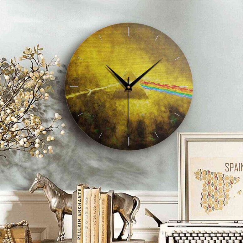 Pink Floyd Wooden Clock - Golden Dark Side Of The Moon