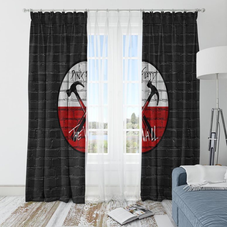 Pink Floyd Window Curtains - The Wall Emblem on Brick Background Pink Floyd Window Curtains - The Wall Emblem on Brick Background