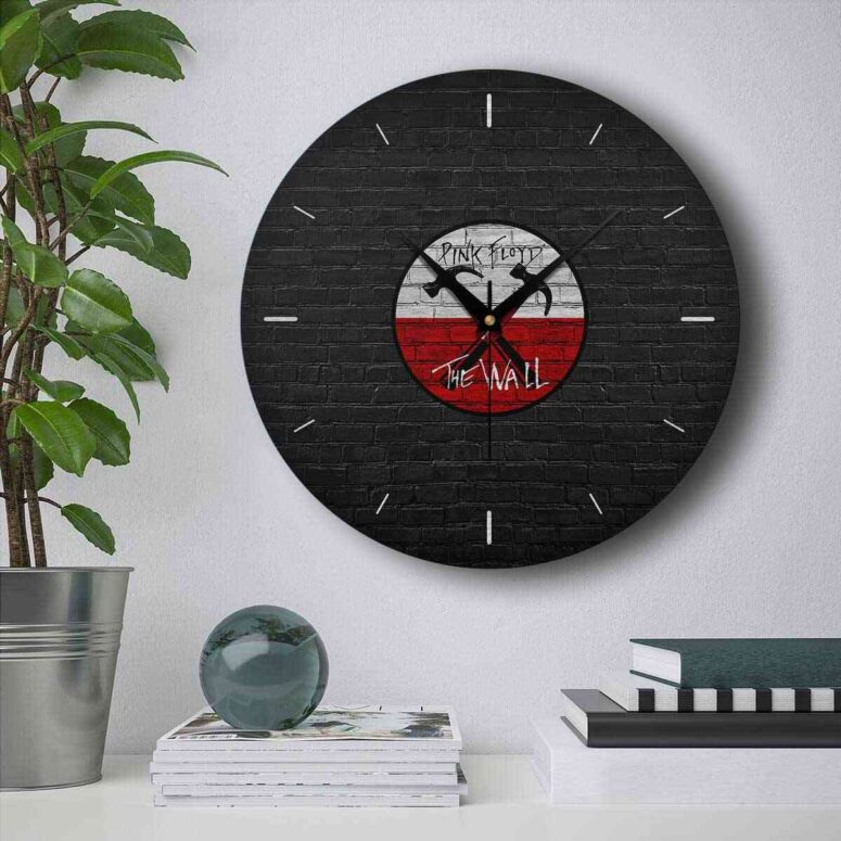 Pink Floyd Wooden Clock - The Wall Emblem on Brick Background Pink Floyd Wooden Clock - The Wall Emblem on Brick Background