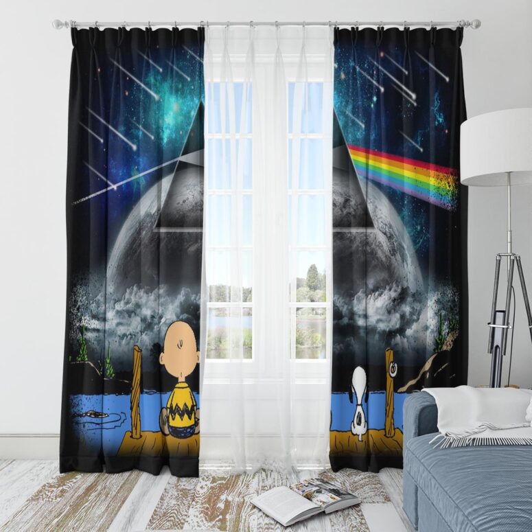 Pink Floyd Window Curtains - Snoopy And Charlie Brown Looking Dark Side Of The Moon