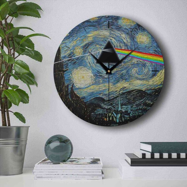 Pink Floyd Wooden Clock - Starry Night Dark Side Of The Moon Van Gogh