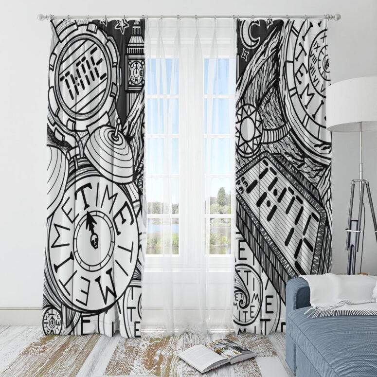 Pink Floyd Window Curtains - Time Hand drawing art Pink Floyd Window Curtains - Time Hand drawing art