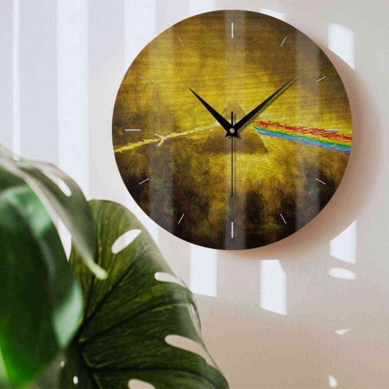 Pink Floyd Wooden Clock - Golden Dark Side Of The Moon