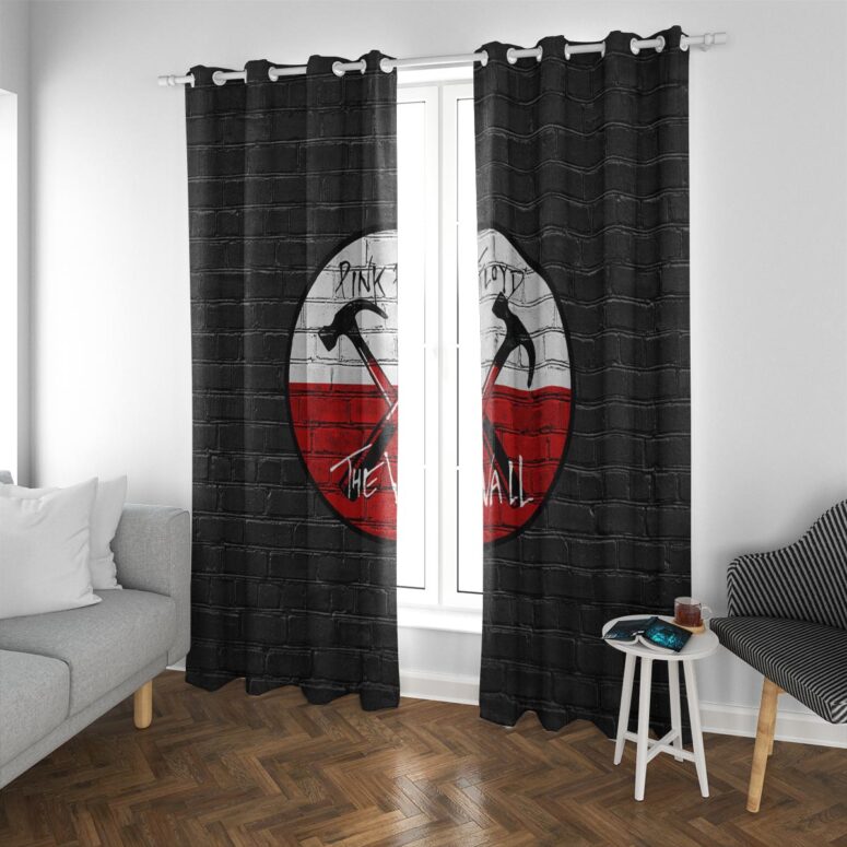 Pink Floyd Window Curtains - The Wall Emblem on Brick Background Pink Floyd Window Curtains - The Wall Emblem on Brick Background