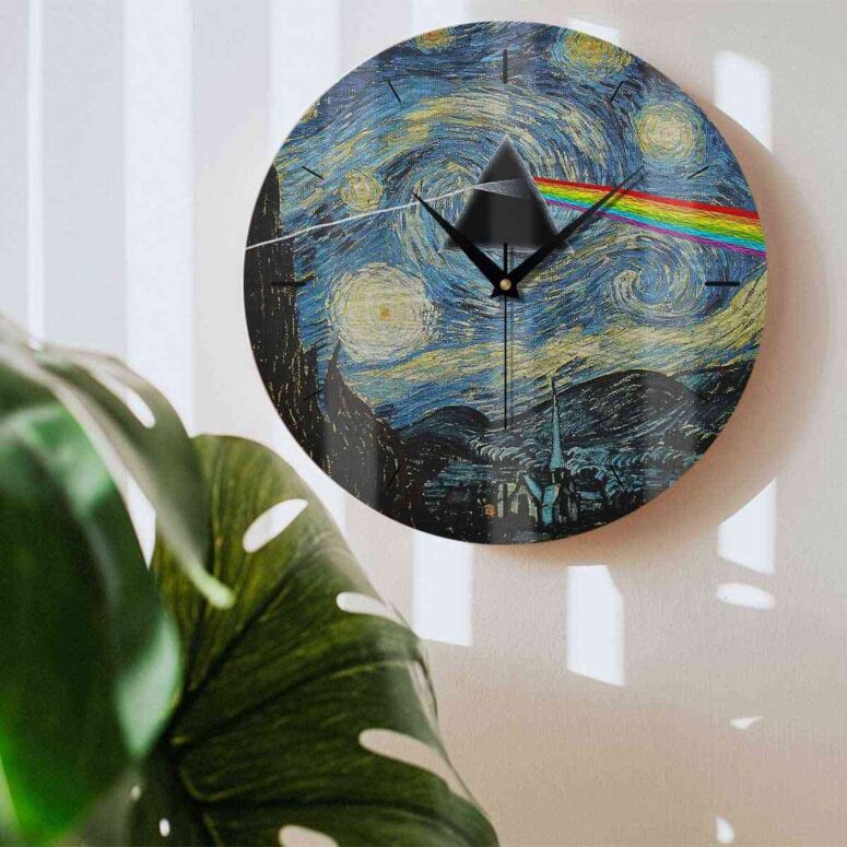 Pink Floyd Wooden Clock - Starry Night Dark Side Of The Moon Van Gogh