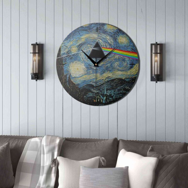 Pink Floyd Wooden Clock - Starry Night Dark Side Of The Moon Van Gogh