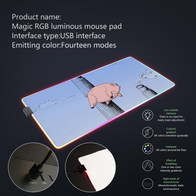 Flying Pig Hand Drawing Art Magic RGB Pink Floyd Luminous Mouse Pad Led