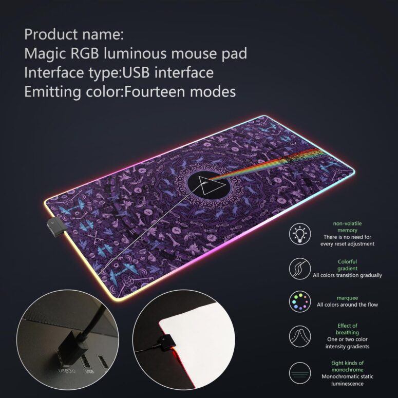 Pink Floyd Dark Side of the Moon Album Psychedelic Magic RGB Luminous Mouse Pad Led