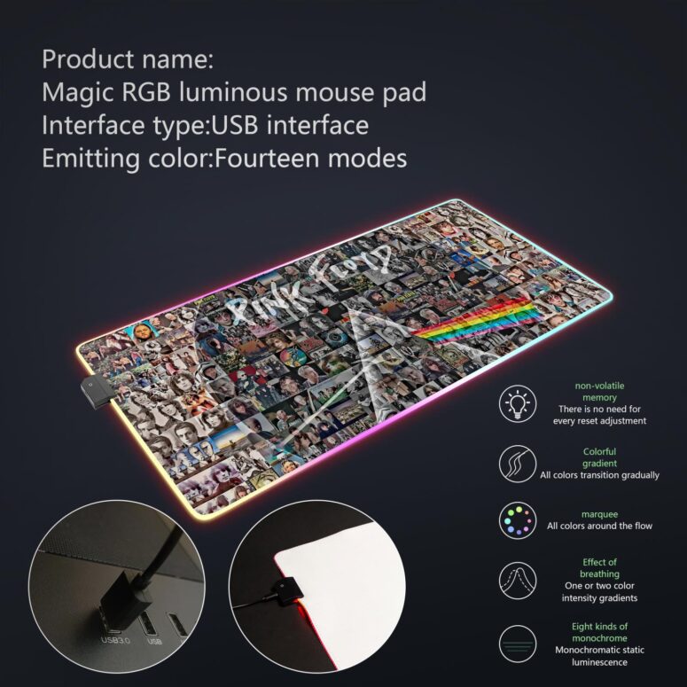 Pink Floyd Photo Mosaic Print Art of All Things Magic RGB Luminous Mouse Pad Led