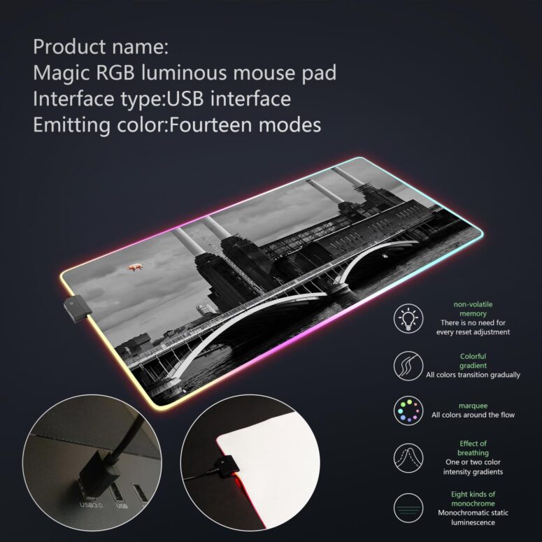 Pink Pig Over Battersea 3 Black and White Magic RGB Pink Floyd Luminous Mouse Pad Led
