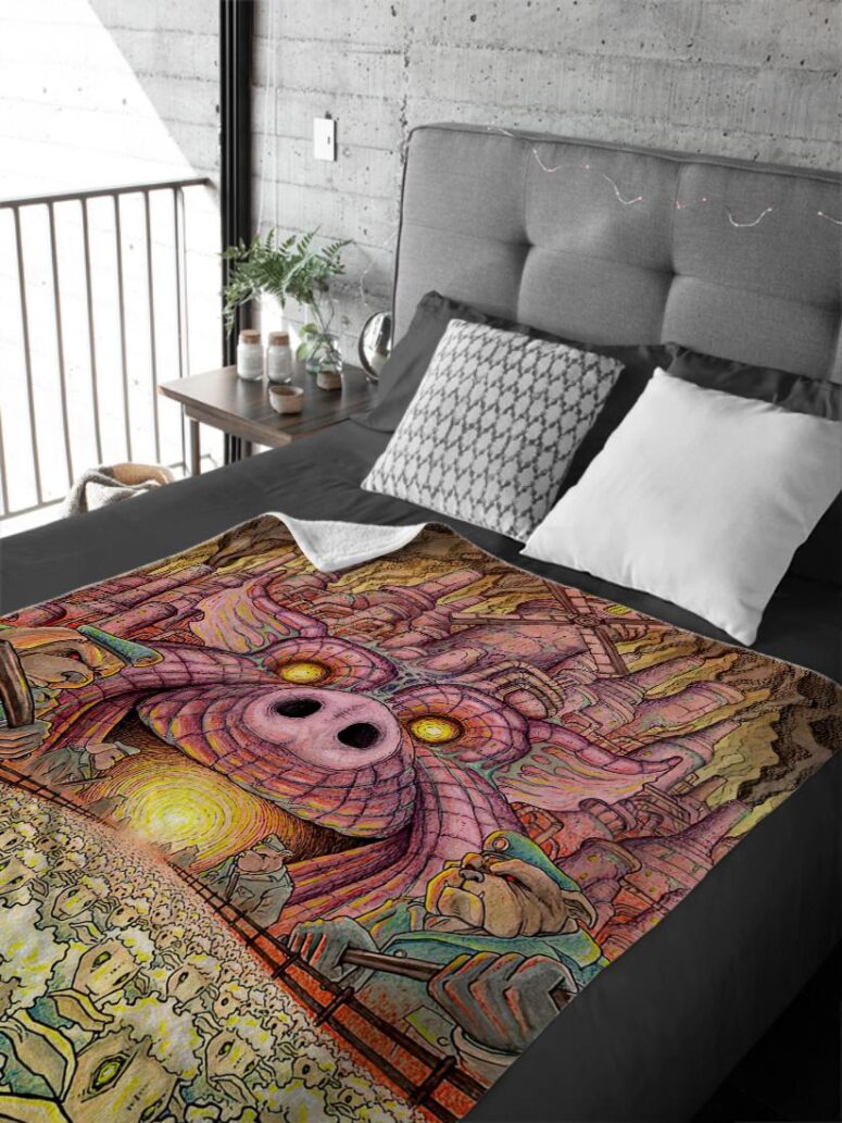 Animals Farm Tribute Painting Pink Floyd Velveteen Plush Blanket