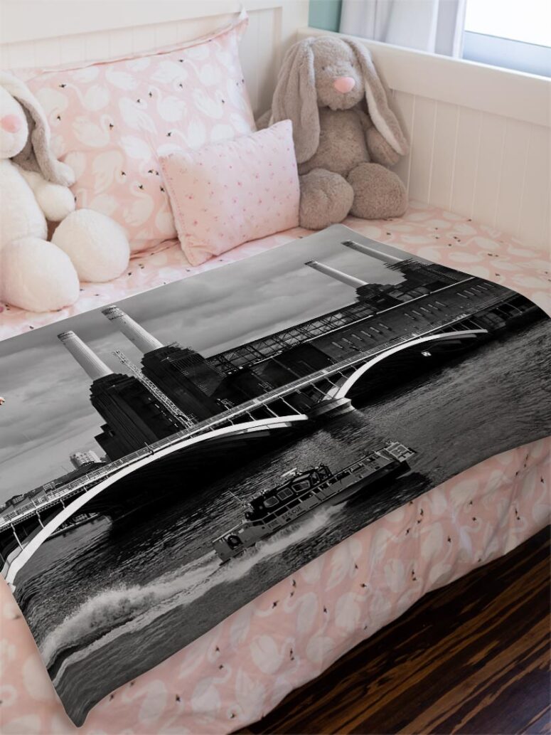 Pink Pig Over Battersea 3 Black and White Pink Floyd Velveteen Plush Blanket