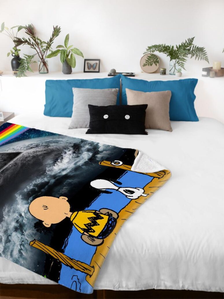 Snoopy And Charlie Brown Looking Dark Side Of The Moon Pink Floyd Velveteen Plush Blanket