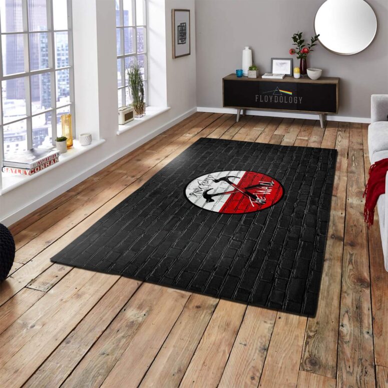The Wall Emblem on Brick Background Pink Floyd Rug The Wall Emblem on Brick Background Pink Floyd Rug