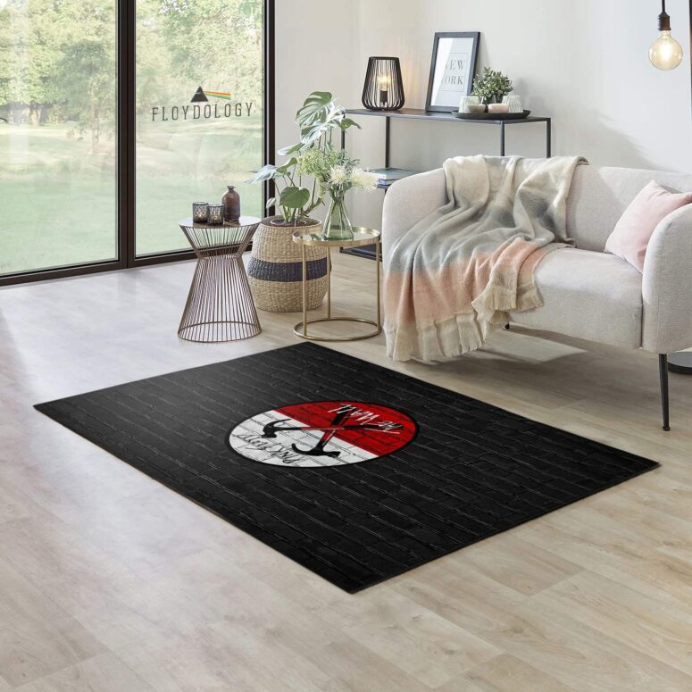 The Wall Emblem on Brick Background Pink Floyd Rug The Wall Emblem on Brick Background Pink Floyd Rug