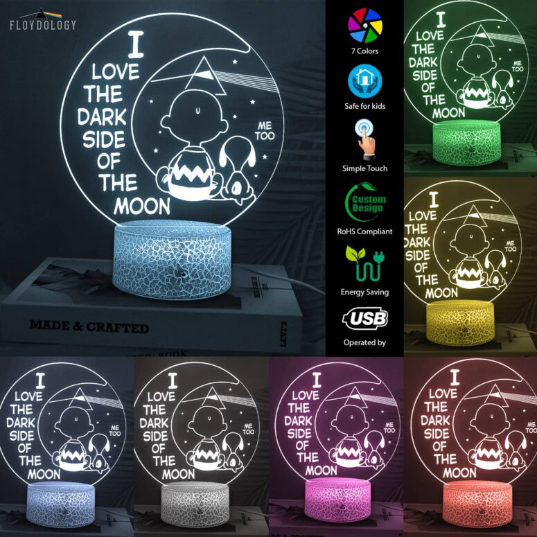 Snoopy I Love The Dark Side Of The Moon Charlie Brown Pink Floyd Night Lamp