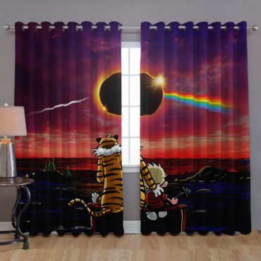 Calvin and Hobbes Gazing at the Moon Solar Eclipse 2024 Window Curtains