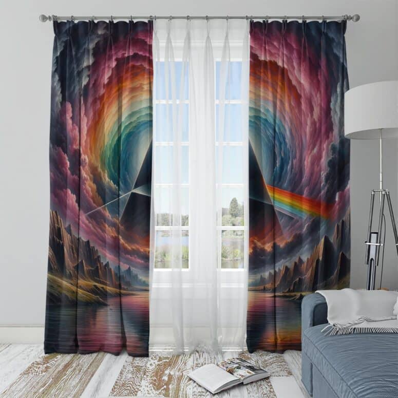 Dark Side Of The Moon Prism Over Serene Lake Window Curtains