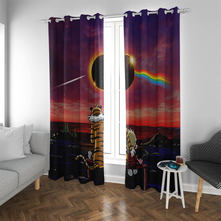 Calvin and Hobbes Gazing at the Moon Solar Eclipse 2024 Window Curtains Calvin and Hobbes Gazing at the Moon Solar Eclipse 2024 Window Curtains