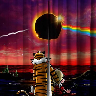 Calvin and Hobbes Gazing at the Moon Solar Eclipse 2024 Window Curtains