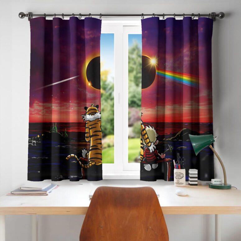Calvin and Hobbes Gazing at the Moon Solar Eclipse 2024 Window Curtains Calvin and Hobbes Gazing at the Moon Solar Eclipse 2024 Window Curtains