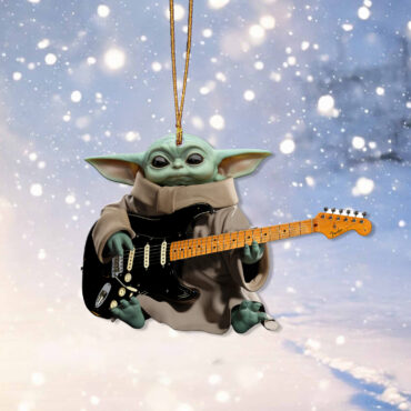 Baby Yoda Grogu Holds David Gilmour Black Stratocaster Guitar Ornament