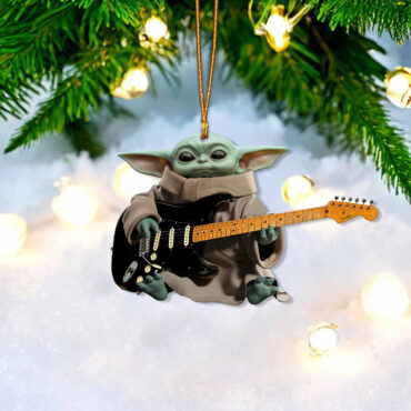 Baby Yoda Grogu Holds David Gilmour Black Stratocaster Guitar Ornament