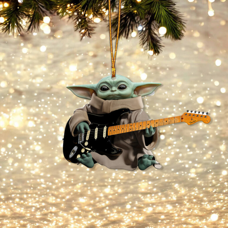 Baby Yoda Grogu Holds David Gilmour Black Stratocaster Guitar Ornament