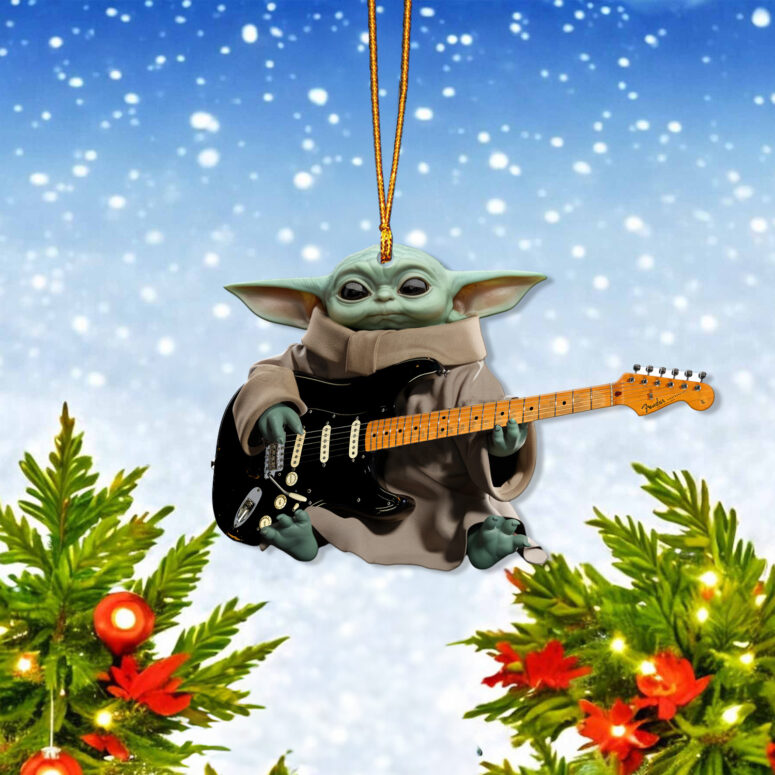 Baby Yoda Grogu Holds David Gilmour Black Stratocaster Guitar Ornament