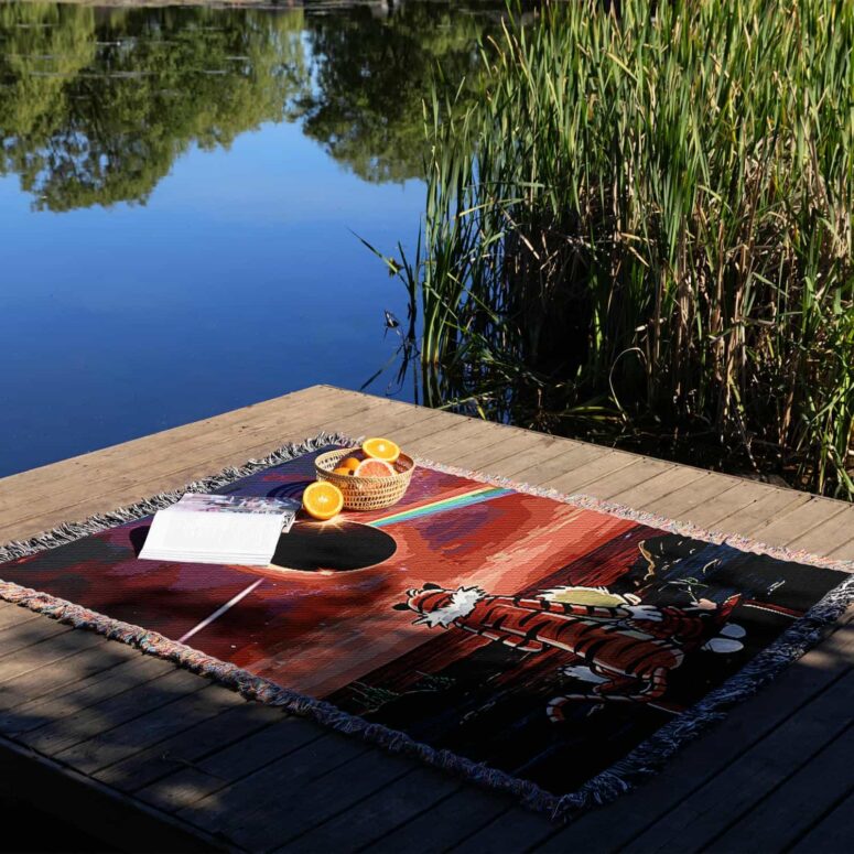 Calvin and Hobbes Gazing at the Moon Solar Eclipse 2024 Woven Blanket
