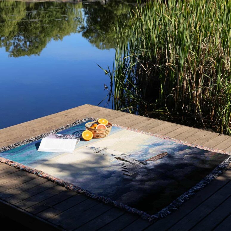 Endless River Lighthouse Woven Blanket