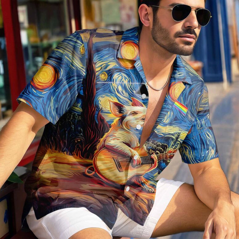 Starry Night Dark Side Of The Moon Van Gogh Pig Animals Hawaiian Shirt Starry Night Dark Side Of The Moon Van Gogh Pig Animals Hawaiian Shirt