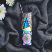 Pink Floyd Dsotm Band Stained Glass Colorful Skinny Stainless Steel Tumbler Mockup 1 - OtherBrick
